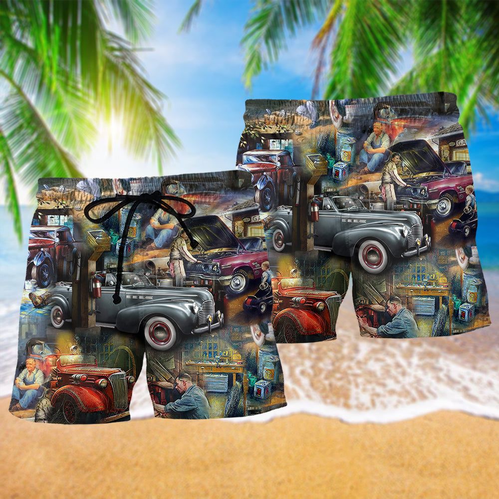 Car Fix Life Vintage Style Trendy Aloha Hawaiian Beach Shorts