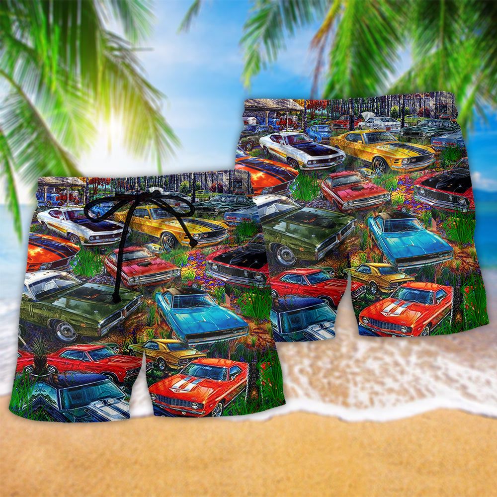 Car In The Garden Color Trendy Aloha Hawaiian Beach Shorts