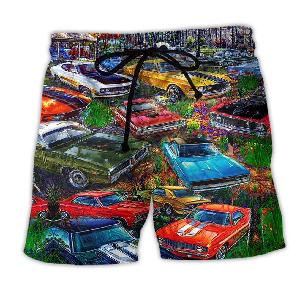Car In The Garden Color Trendy Aloha Hawaiian Beach Shorts Car In The Garden Color Trendy Aloha Hawaiian Beach Shorts