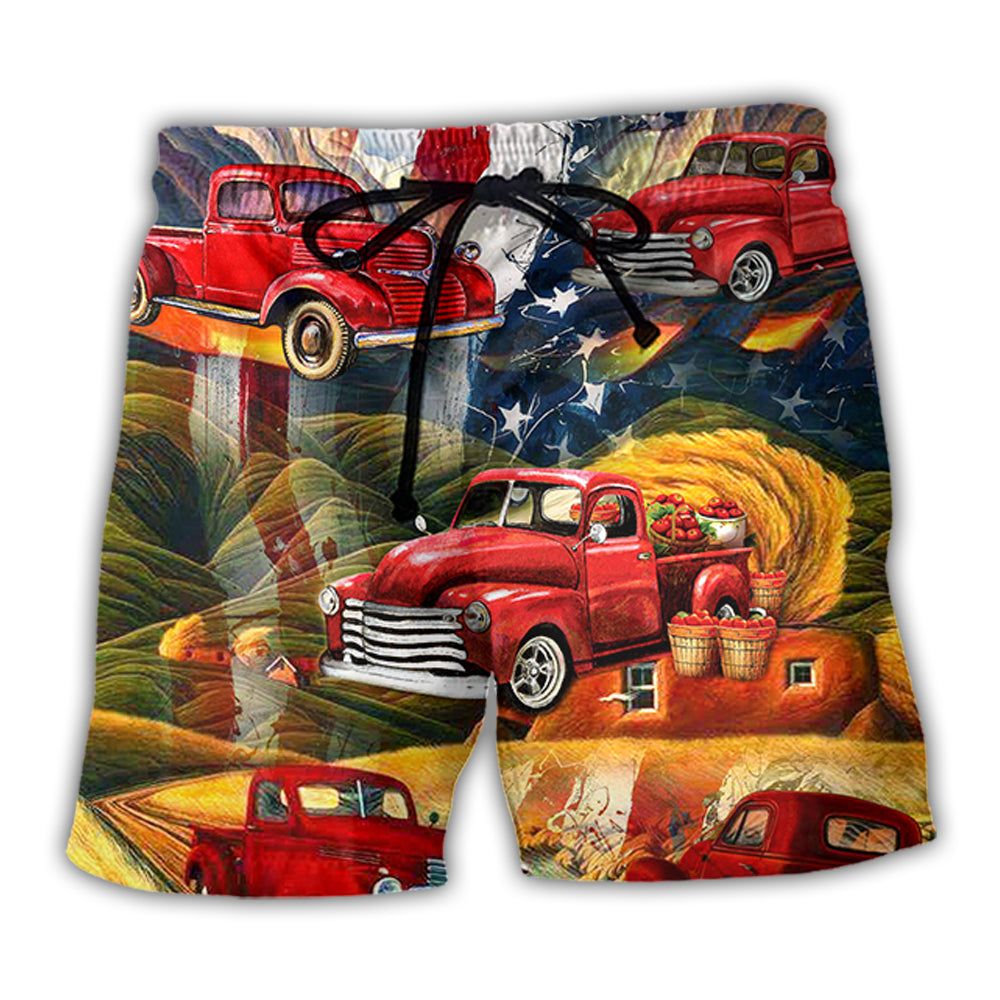 Car Independence Day Red Car Vintage Trendy Aloha Hawaiian Beach Shorts Car Independence Day Red Car Vintage Trendy Aloha Hawaiian Beach Shorts