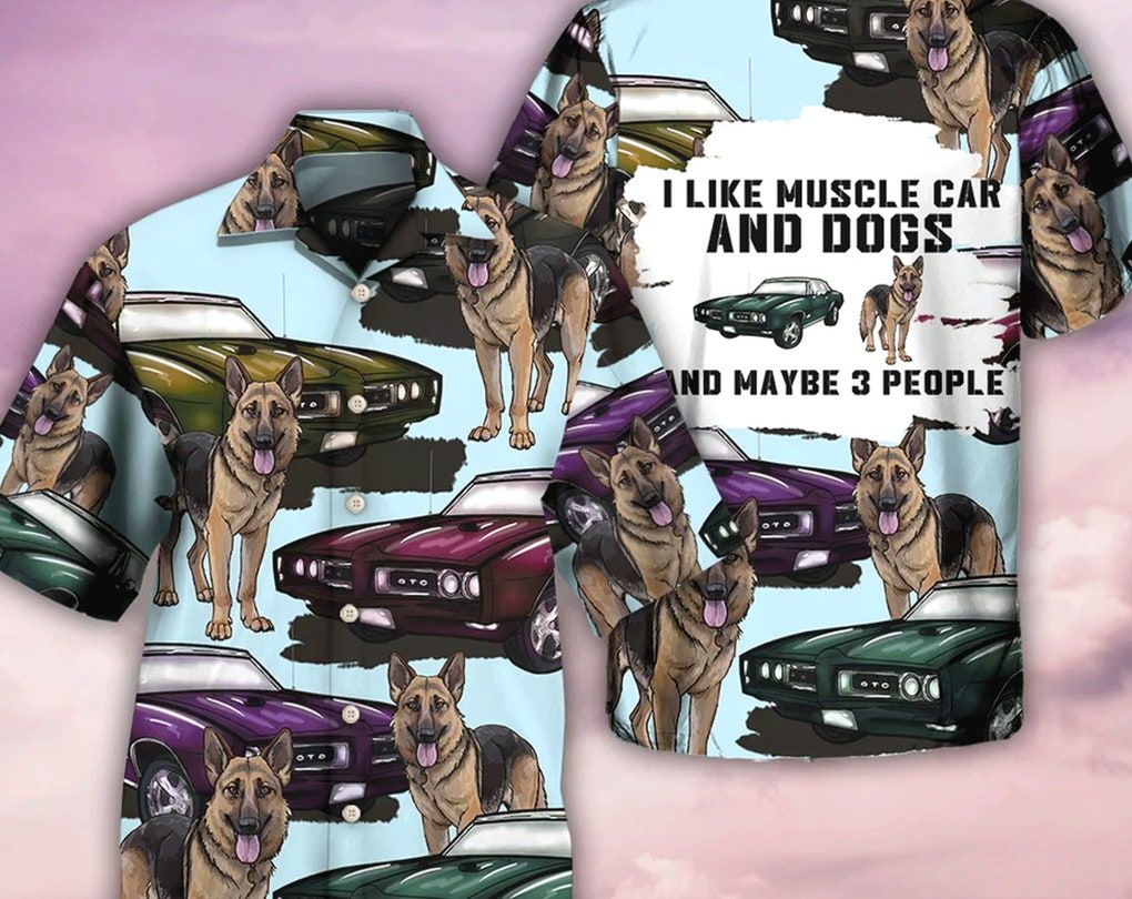 Car Muscle Car And Dog – Trendy Hawaiian Shirt, Tropical Beach Shirt Button Down Shirt, Beach Party Shirts As Holiday Gifts, Hawaiian Set Gift.