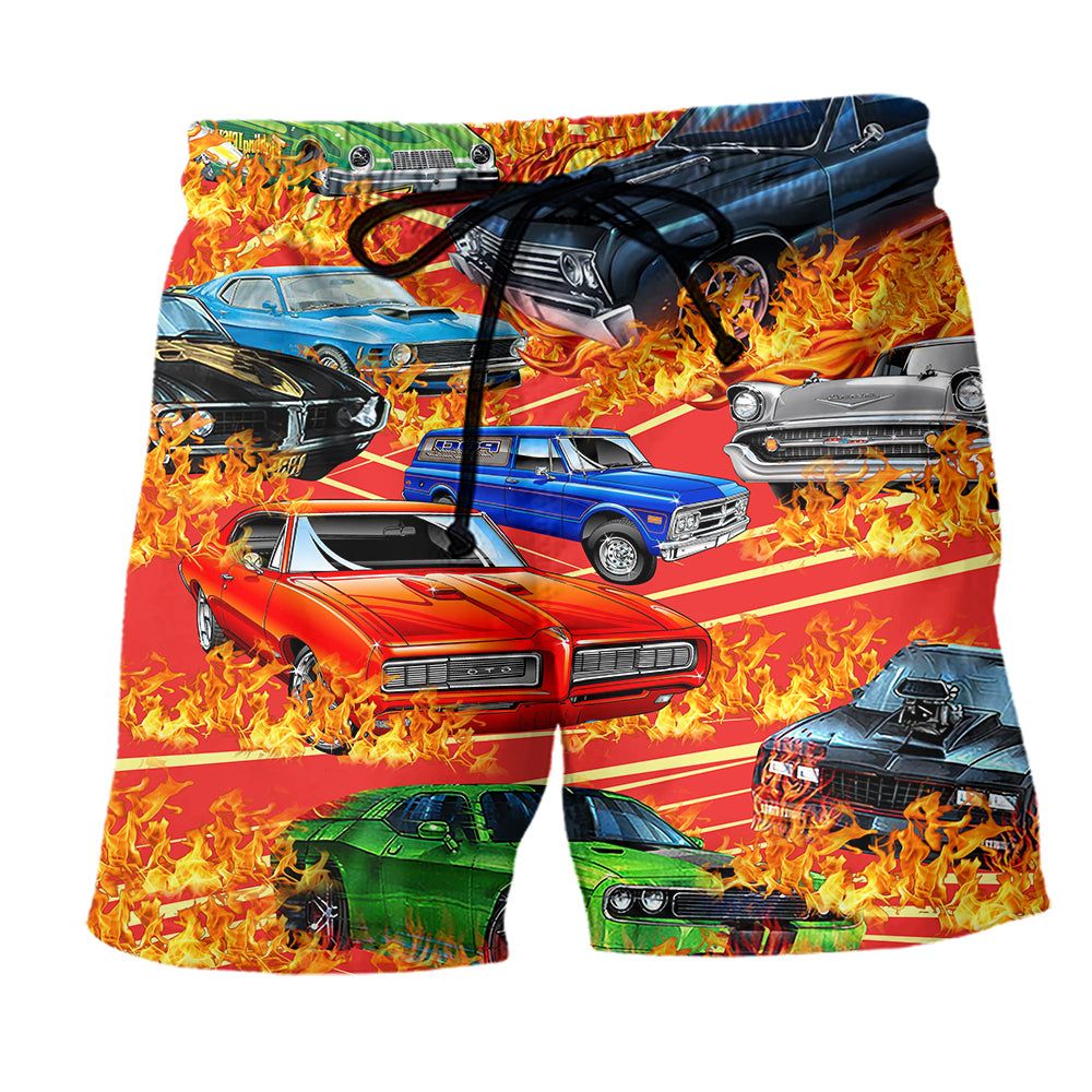 Car On Fire Amazing Style Trendy Aloha Hawaiian Beach Shorts Car On Fire Amazing Style Trendy Aloha Hawaiian Beach Shorts