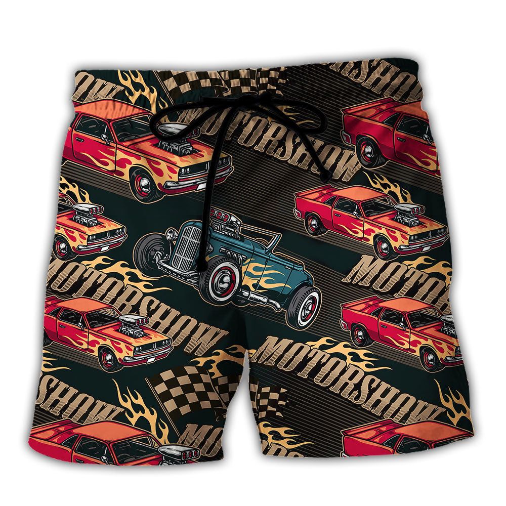 Car Racing Motorshow Fire Trendy Aloha Hawaiian Beach Shorts Car Racing Motorshow Fire Trendy Aloha Hawaiian Beach Shorts