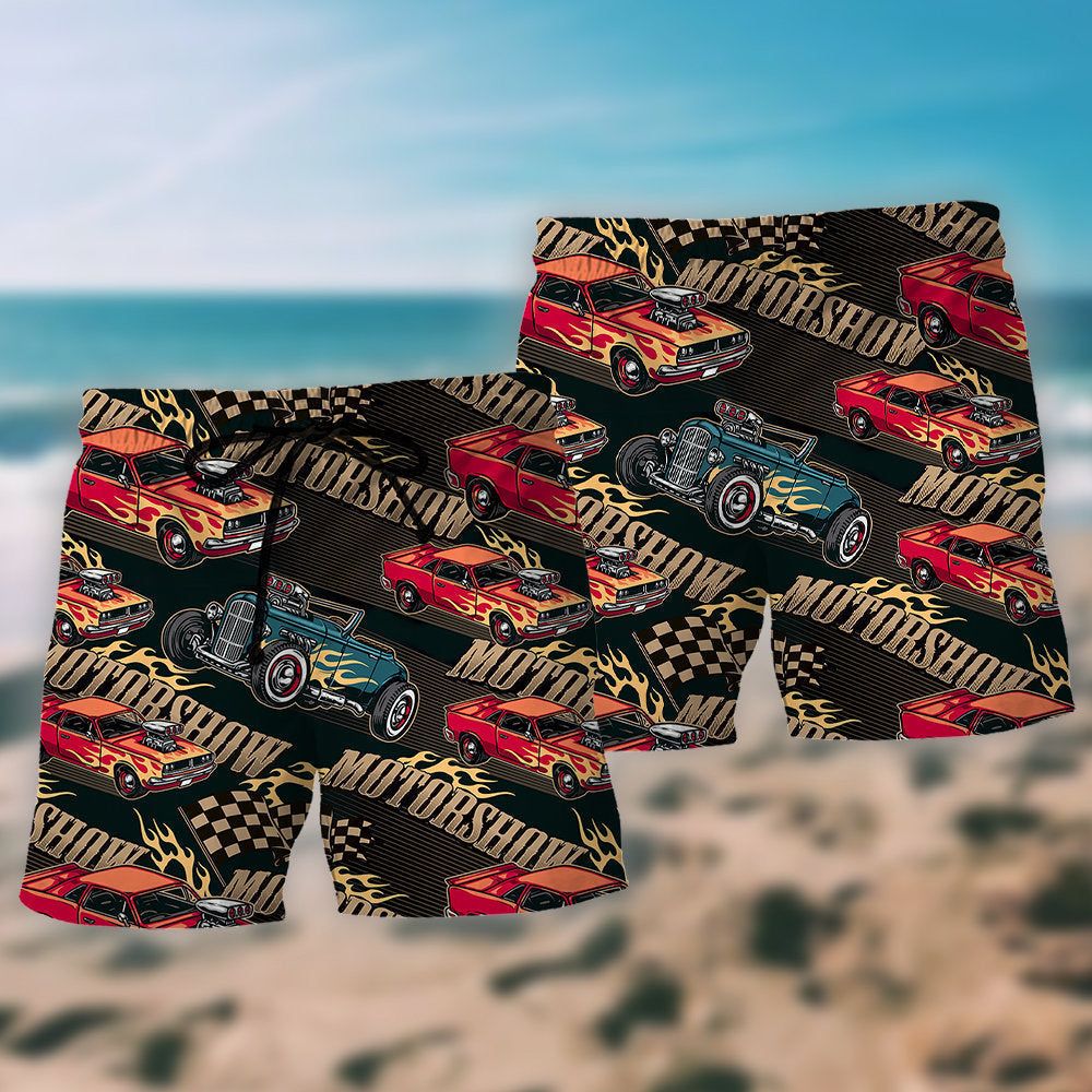Car Racing Motorshow Fire Trendy Aloha Hawaiian Beach Shorts