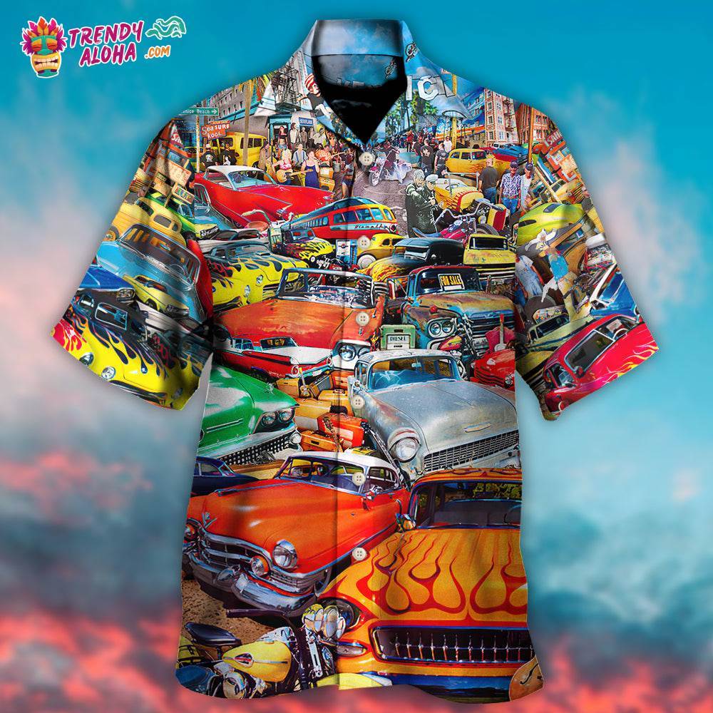 Car Retro Guitar Palm Trees Hawaiian Shirt – Trendy Aloha
