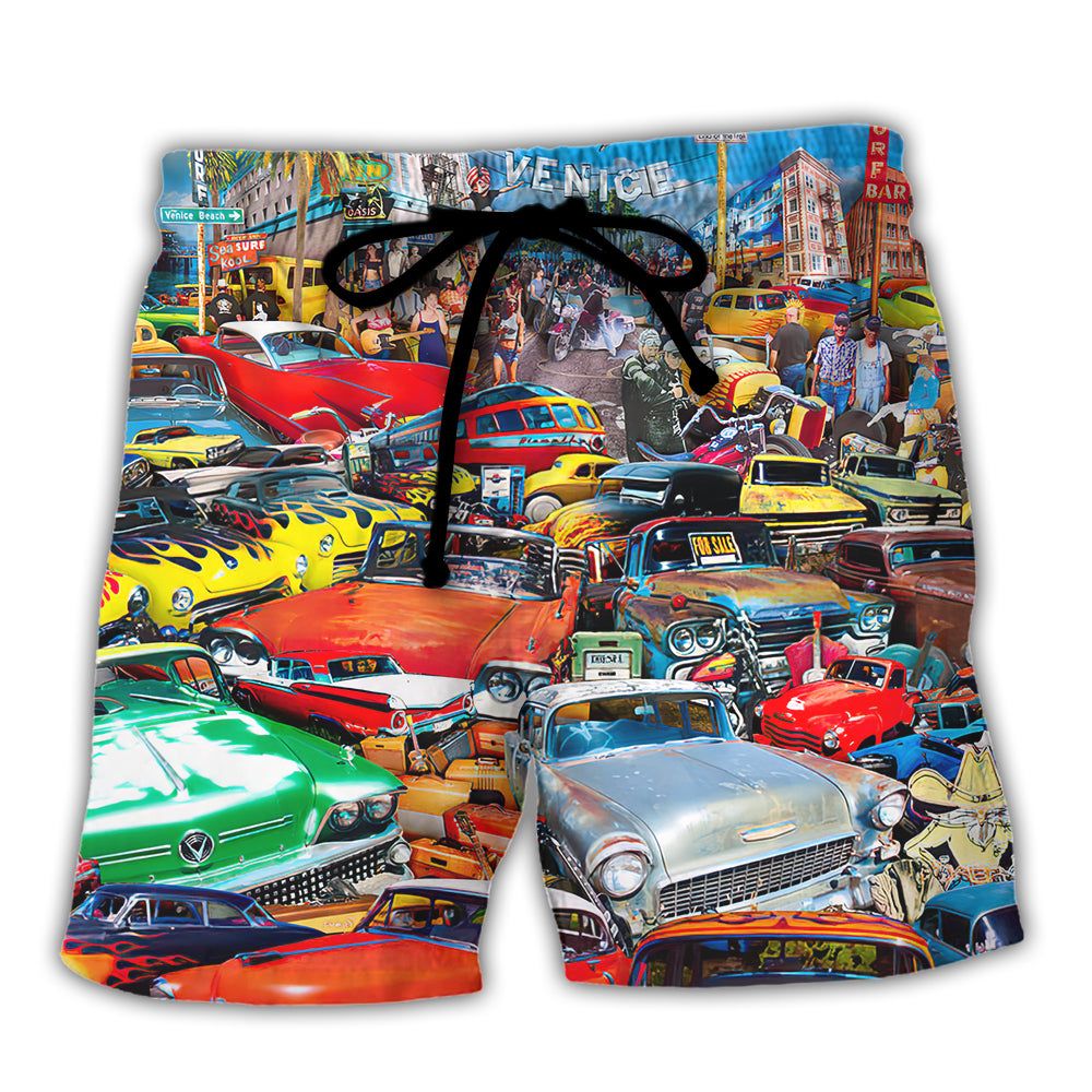 Car Retro Guitar Palm Trees Trendy Aloha Hawaiian Beach Shorts Car Retro Guitar Palm Trees Trendy Aloha Hawaiian Beach Shorts
