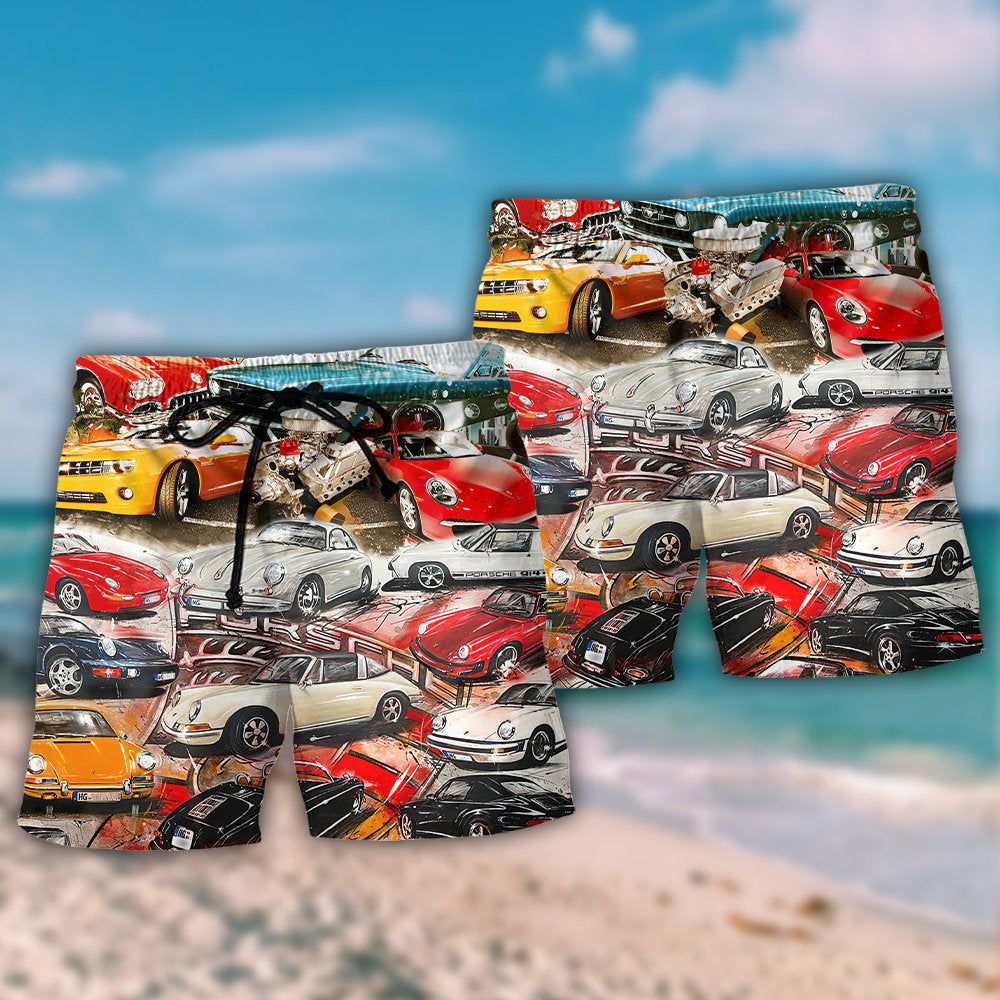 Car Retro Packed Vintage Style Trendy Aloha Hawaiian Beach Shorts