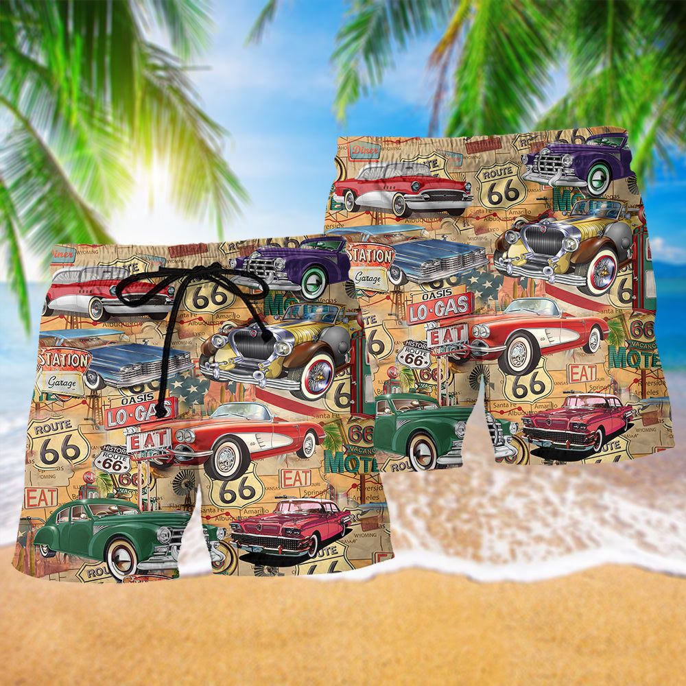 Car The Mother Road Route 66 Road Trip Trendy Aloha Hawaiian Beach Shorts