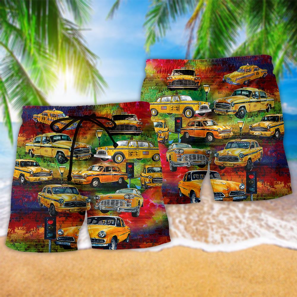 Car Yellow Vintage Night Trendy Aloha Hawaiian Beach Shorts