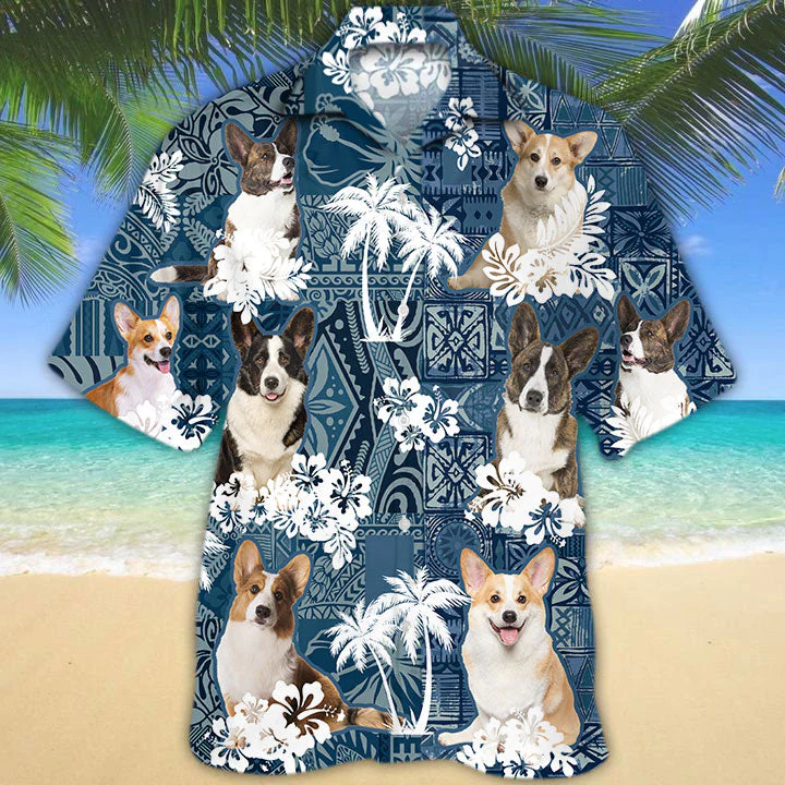 Cardigan Welsh Corgi Hawaiian Tropical Plants Pattern Blue And White All Over Printed 3D Hawaiian Shirt