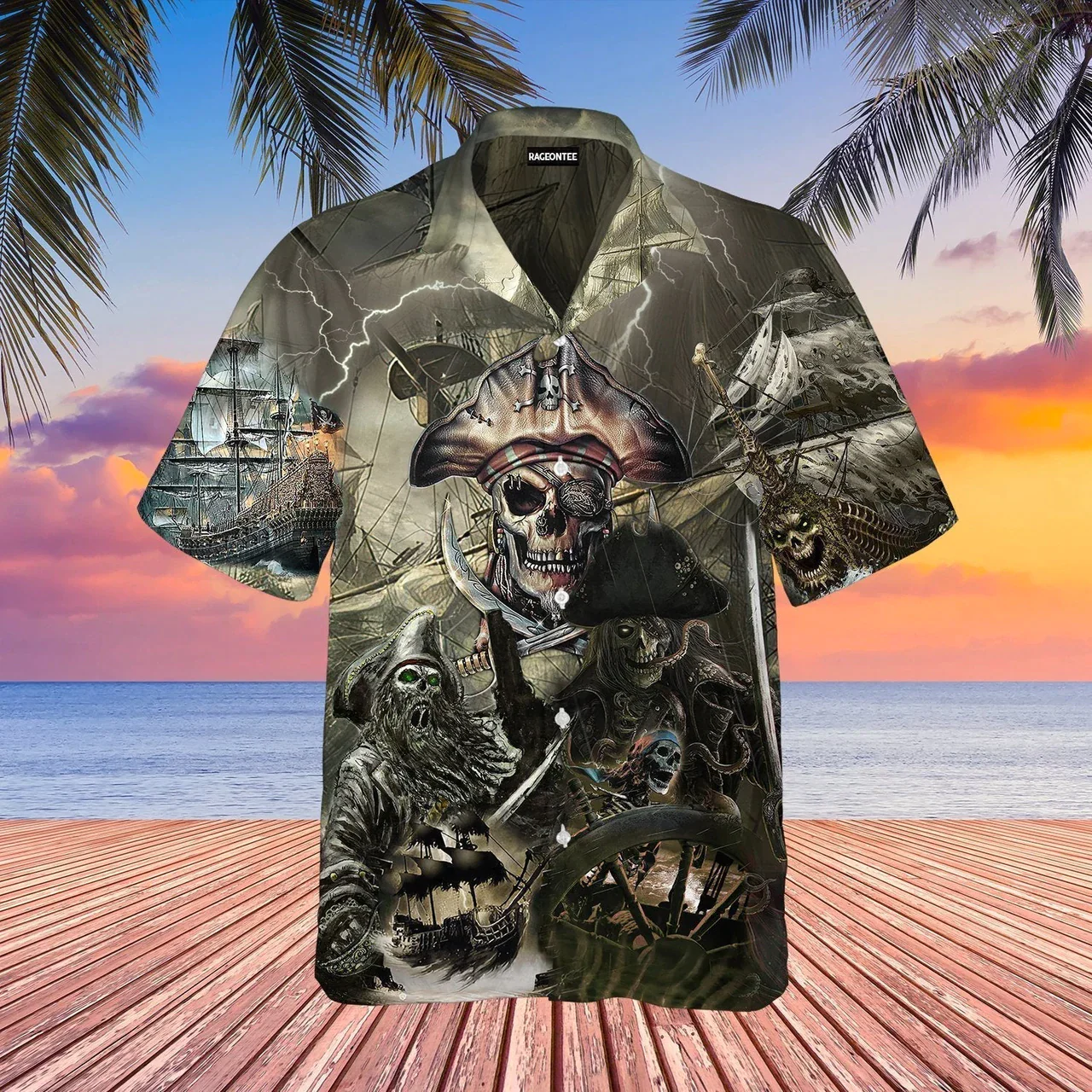 Caribbean Skull Pirate Ghost Ship Trendy Hawaiian Shirt