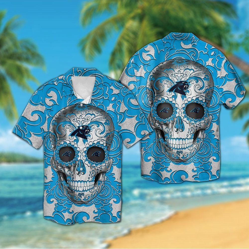 Carolina Panthers Sugarskull Short Sleeve Button Up Tropical Hawaiian Shirt