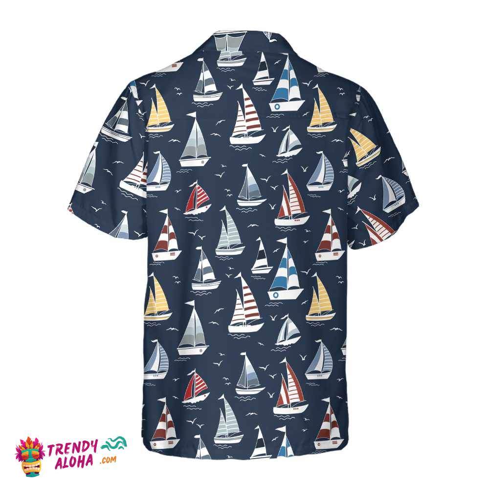 Cartoon Boat Pattern Hawaiian Shirt, Short Sleeve Sailboat Shirt, Unique Nautical Shirt