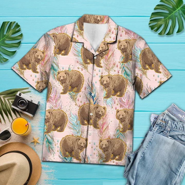 Cartoon Brown Bear Boho Feather On Pink Pattern Trendy Hawaiian Shirt