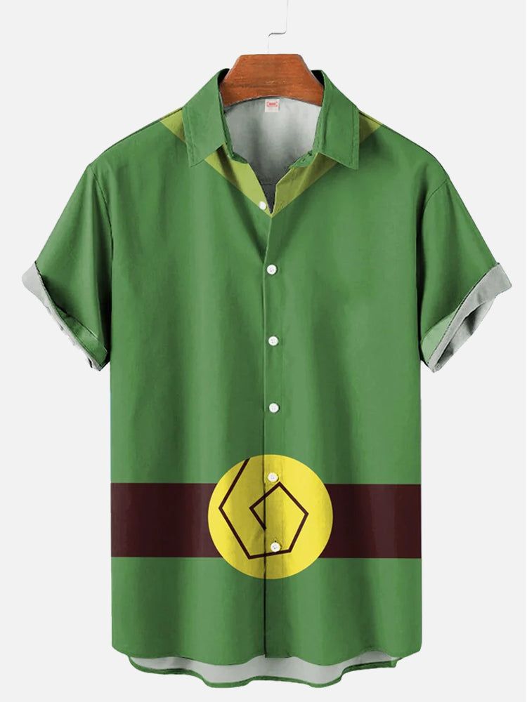 Cartoon Costume Nostalgic Funny Golden Belt Printing Hawaiian Short Sleeve Aloha Hawaiian Shirt
