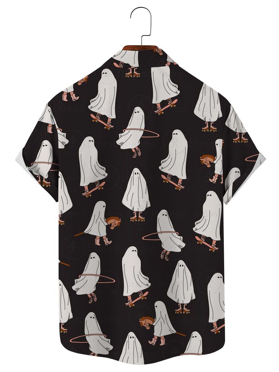 Cartoon Ghost Playing Skateboard Tie Print Casual Short-Sleeved Shirt