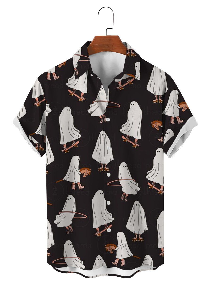 Cartoon Ghost Playing Skateboard Tie Print Casual Short-Sleeved Shirt
