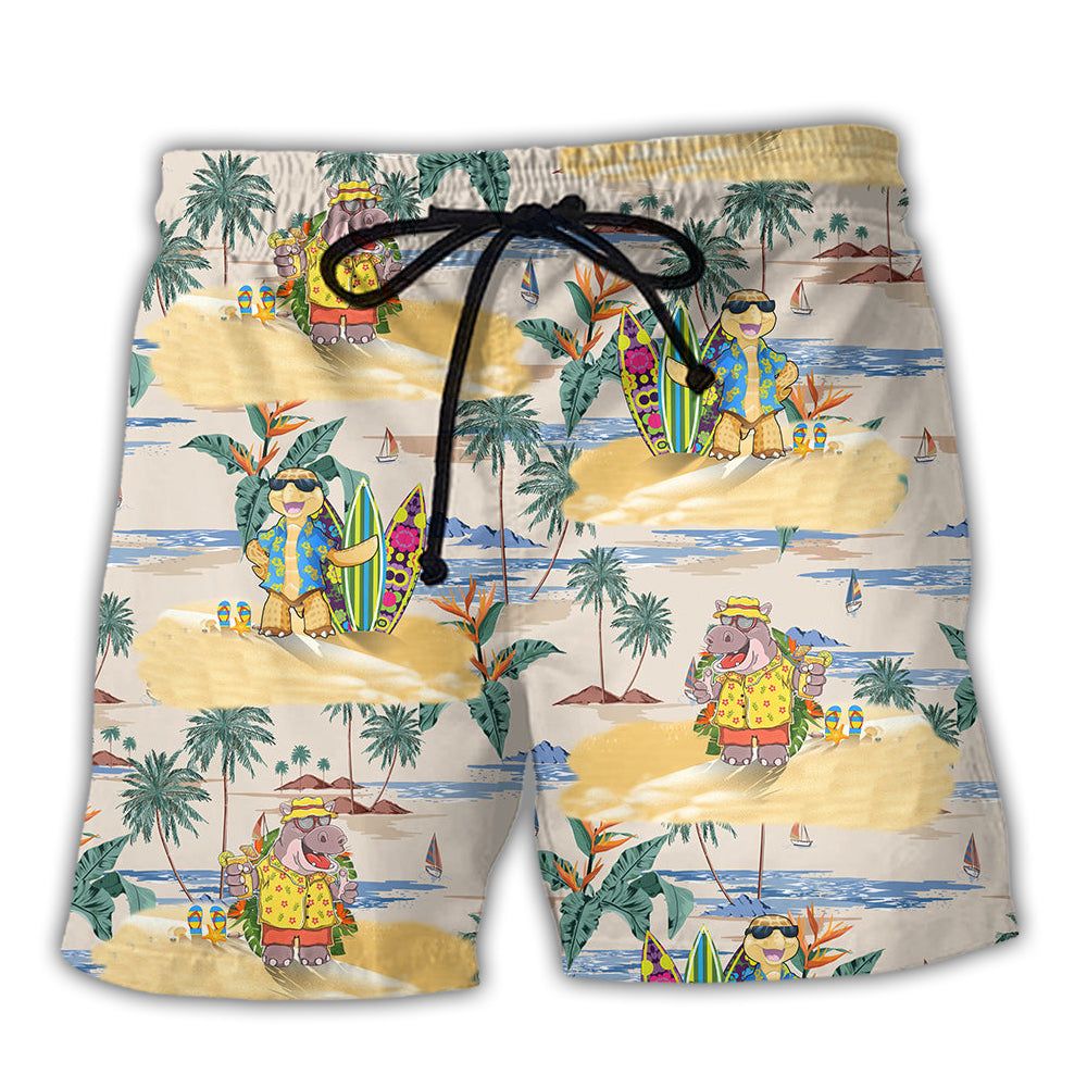 Cartoon Hippo And Turtle Tropical Style Trendy Aloha Hawaiian Beach Shorts Cartoon Hippo And Turtle Tropical Style Trendy Aloha Hawaiian Beach Shorts