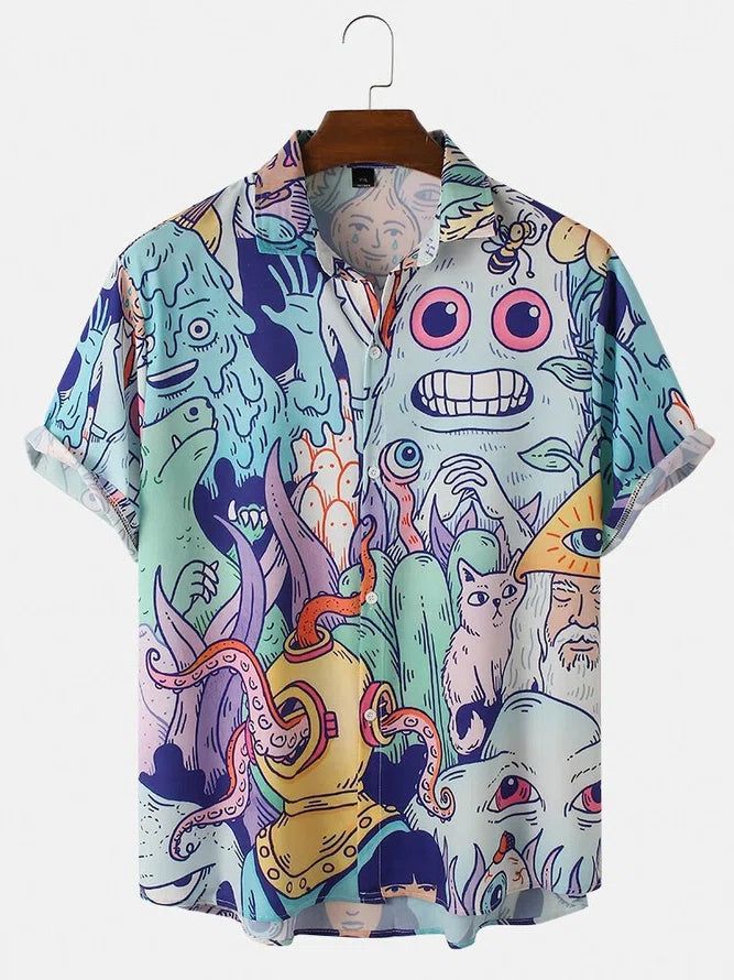 Cartoon Print Loose Casual Short Sleeve Shirt