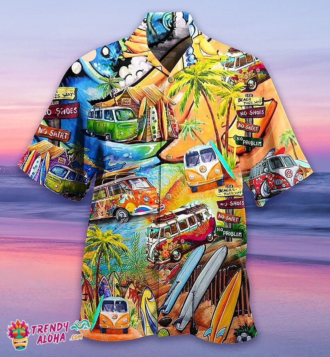 Cartoon Summer Truck Print Men’s Beach Style Funny Hawaiian Shirt Tee