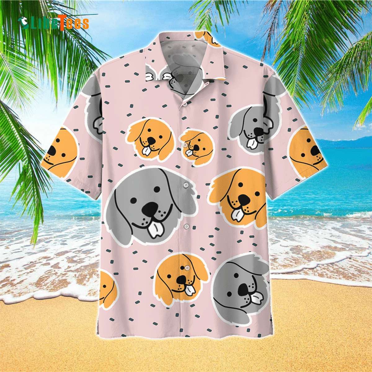 Cartoonish Gray and Yellow Dog Face Hawaiian Shirt