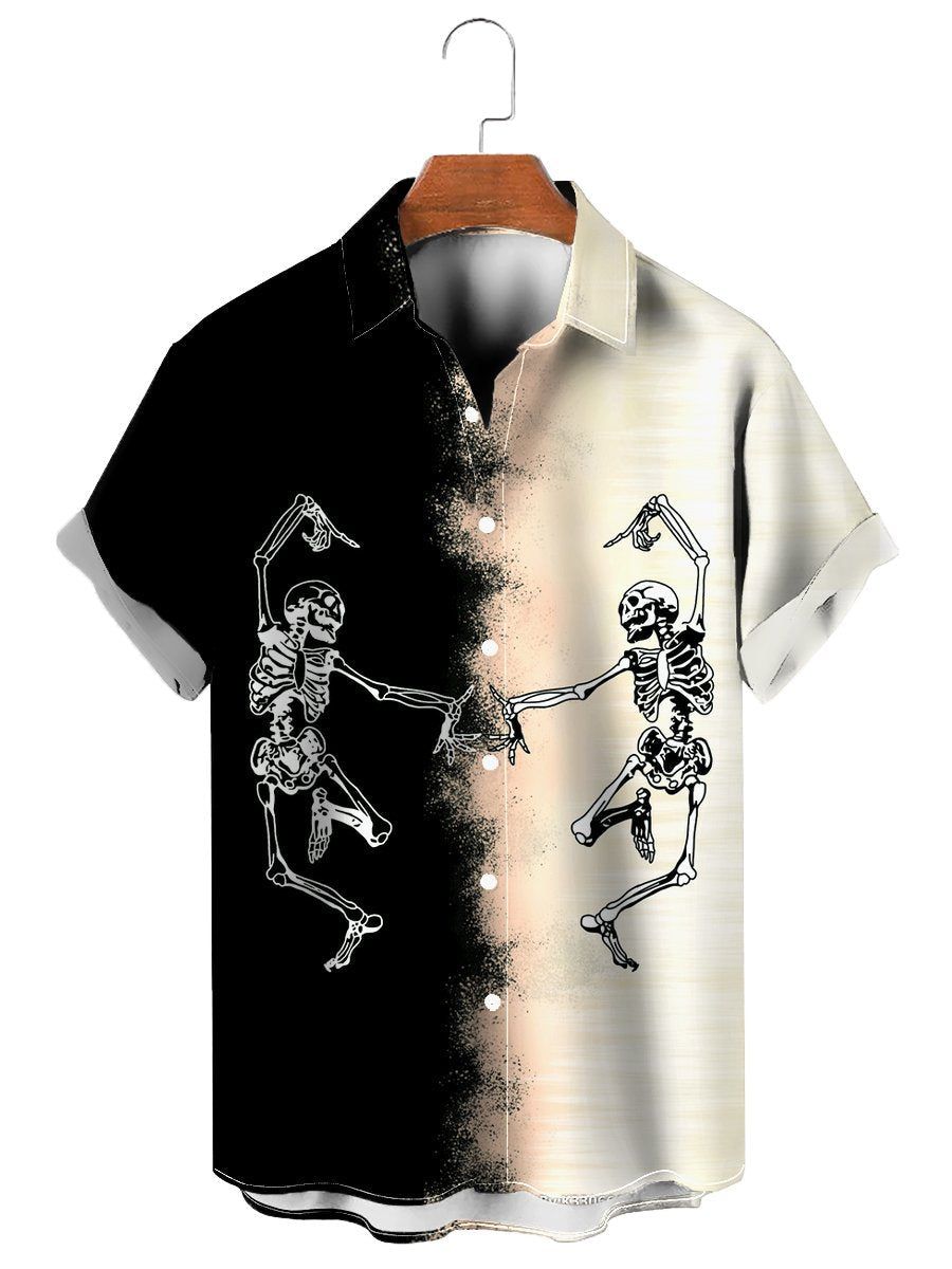 Casual Dancing Skeleton Skull Colorblock Short Sleeve Shirt