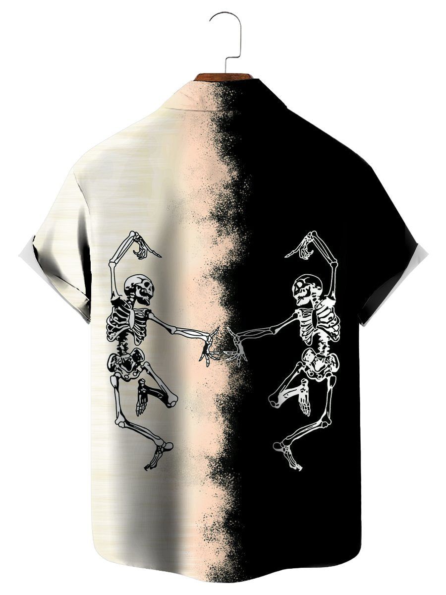 Casual Dancing Skeleton Skull Colorblock Short Sleeve Shirt