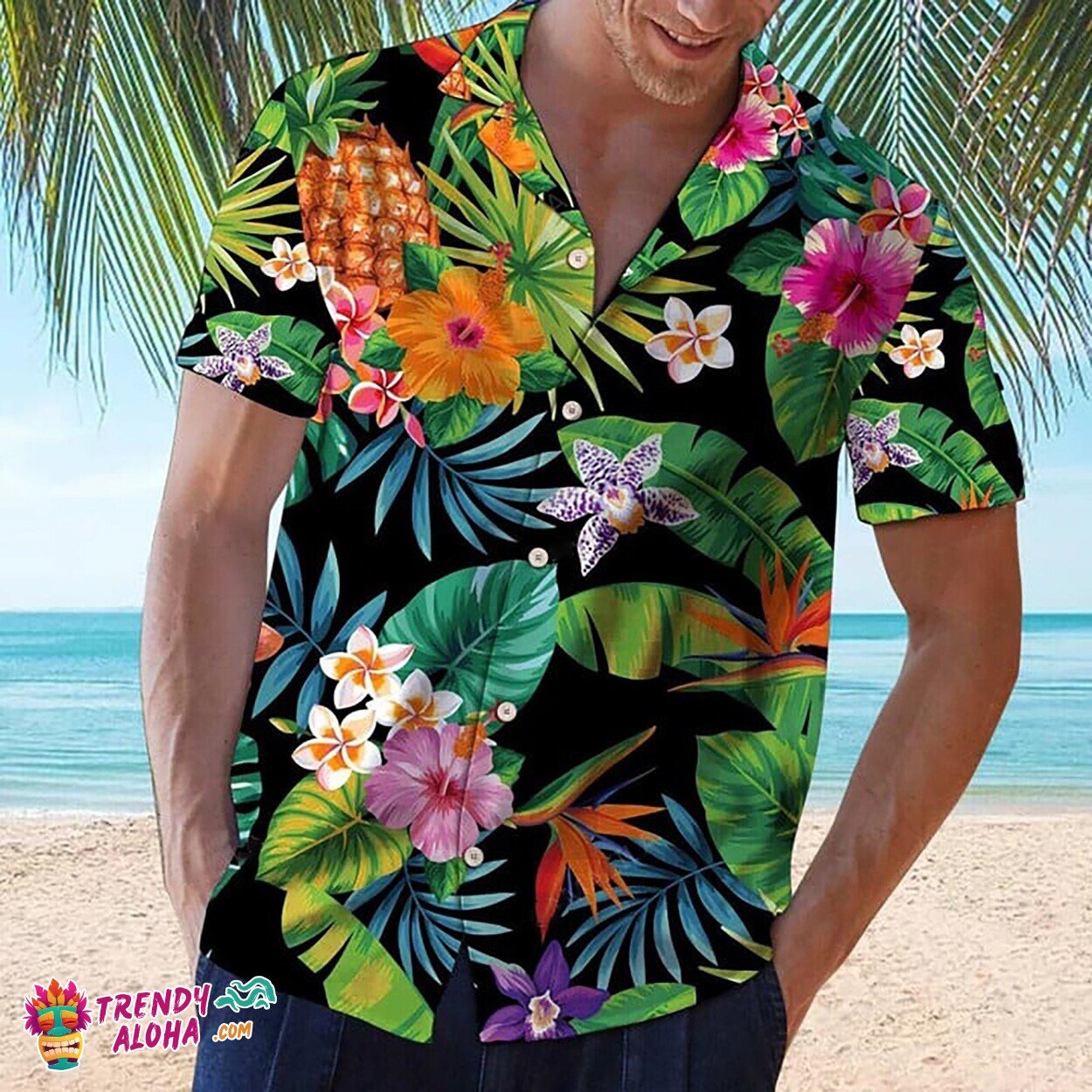 Casual Pineapple Pattern Hawaiian Shirt Summer Button-Down Top