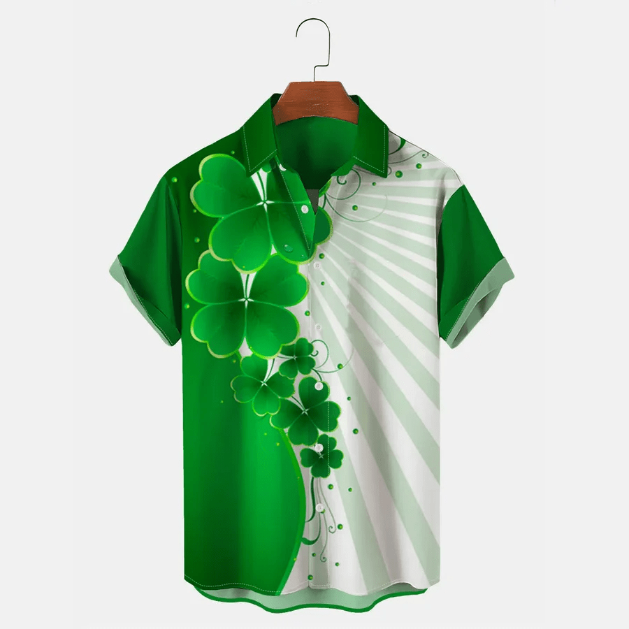 Casual Stripe Panel St. Patrick’s Clover Hawaiian Men’s Short Sleeve Shirt