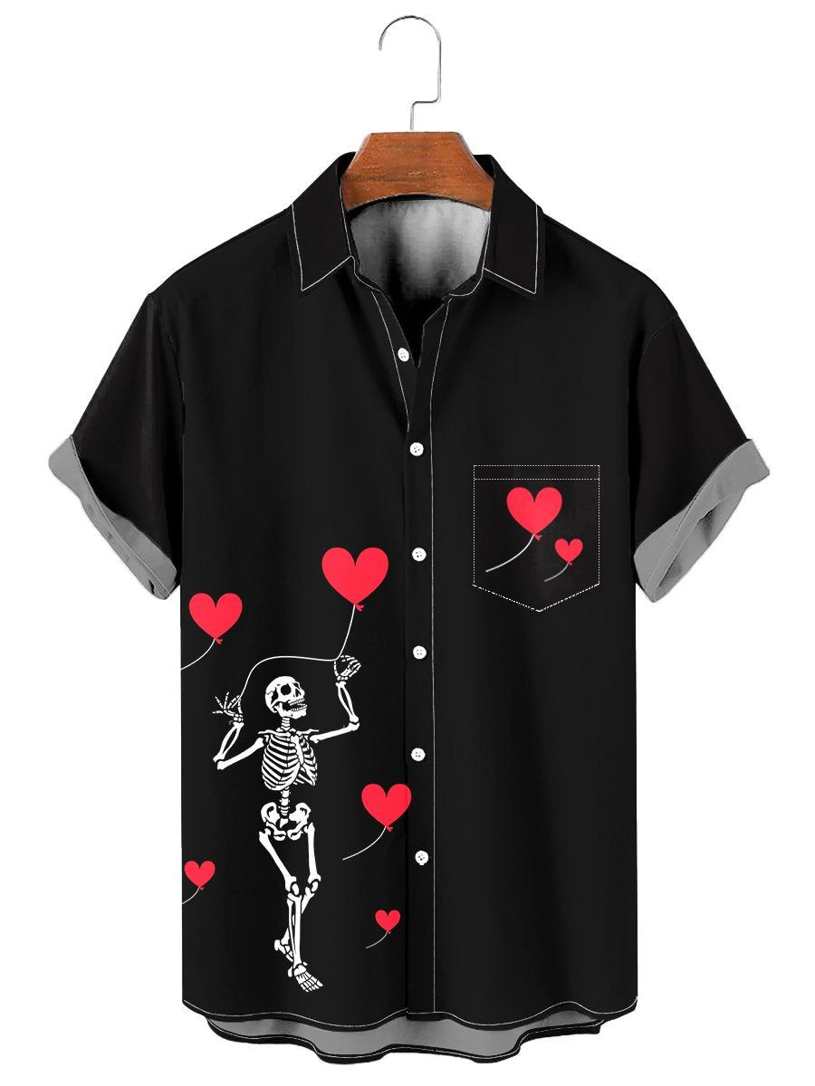 Casual Valentine’s Day Skeleton Heart Balloon Print Pocket Hawaiian Shirt