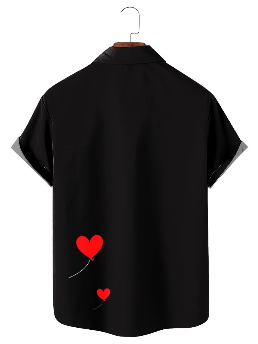 Casual Valentine’s Day Skeleton Heart Balloon Print Pocket Hawaiian Shirt