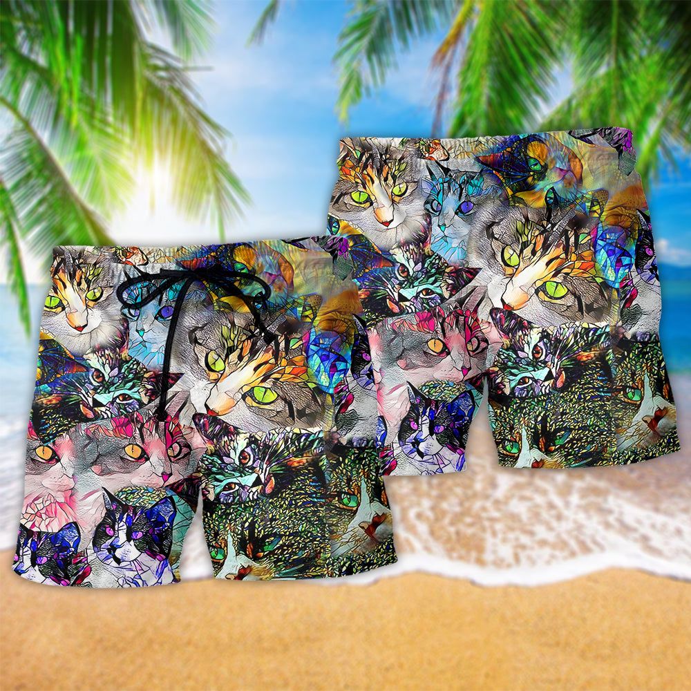 Cat Amazing Stained Glass Trendy Aloha Hawaiian Beach Shorts