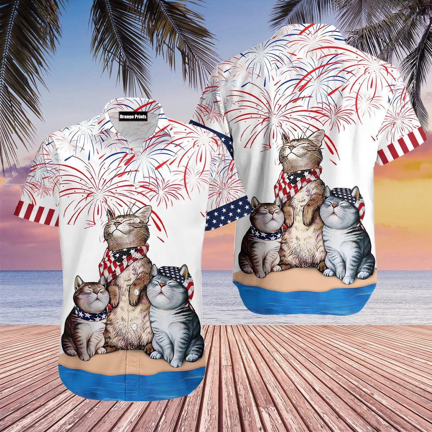 Cat American Flag Firework Trendy Hawaiian Shirt