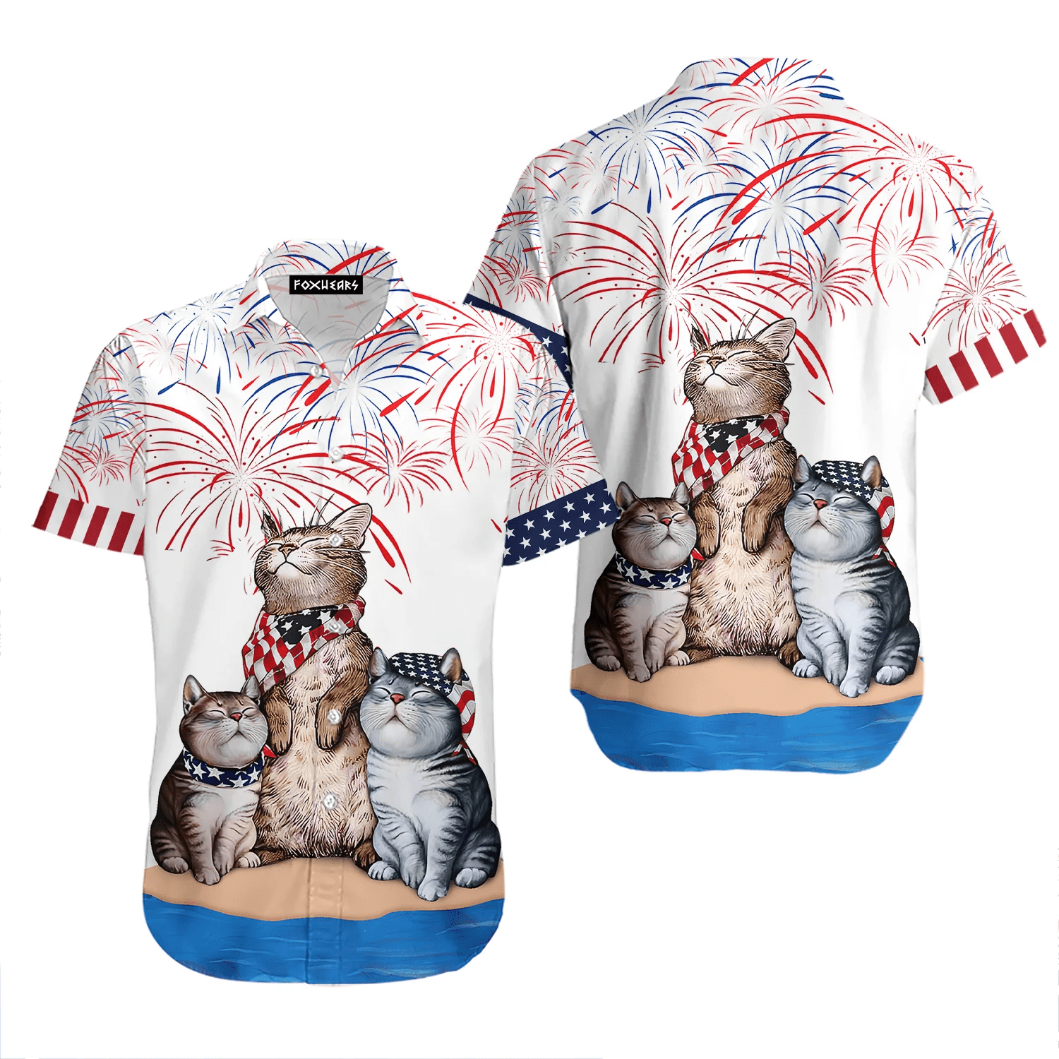 Cat American Flag Firework Trendy Hawaiian Shirt