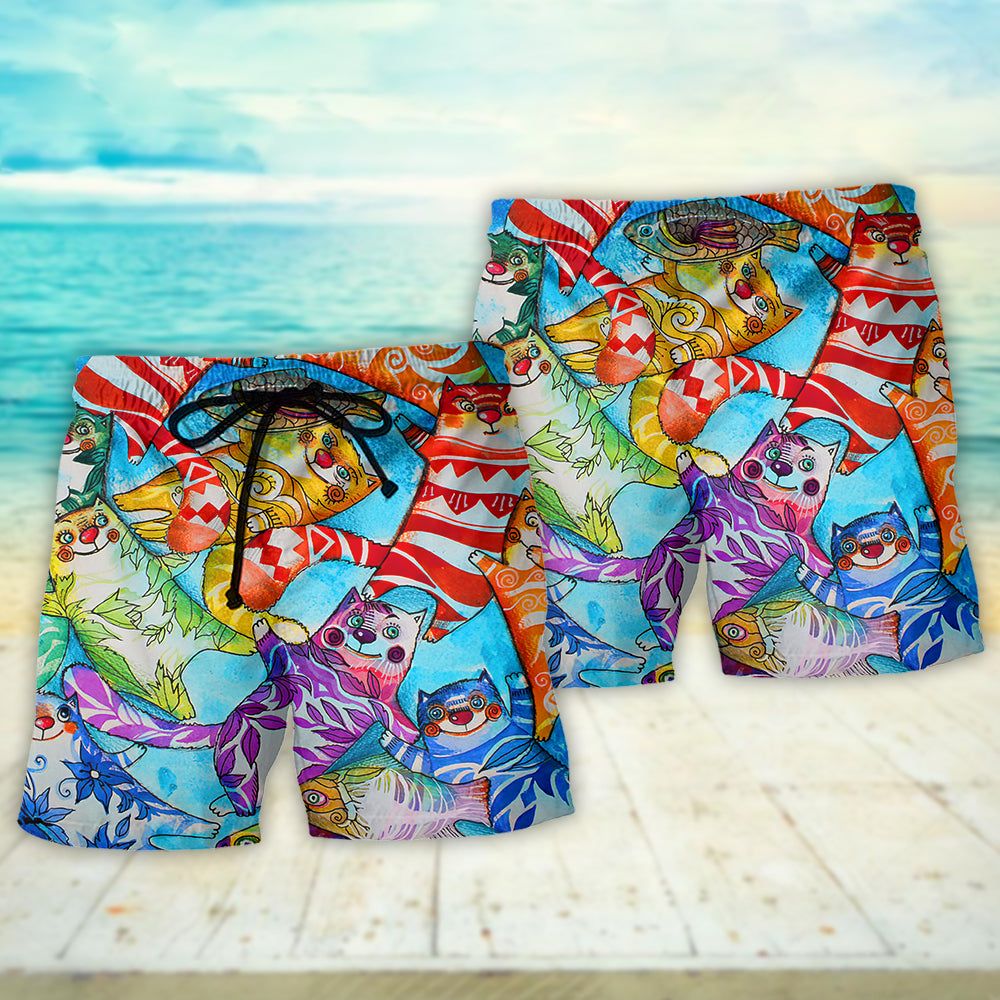 Cat And Fish Funny Together Trendy Aloha Hawaiian Beach Shorts