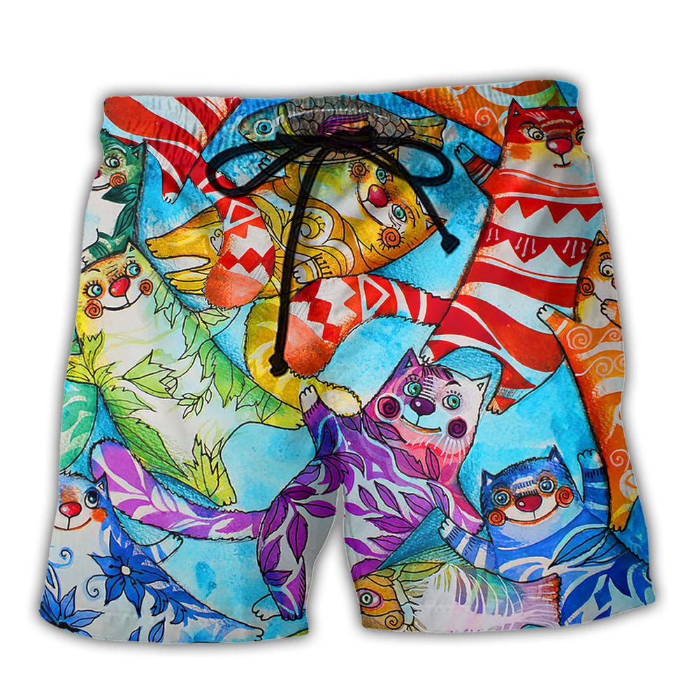 Cat And Fish Funny Together Trendy Aloha Hawaiian Beach Shorts