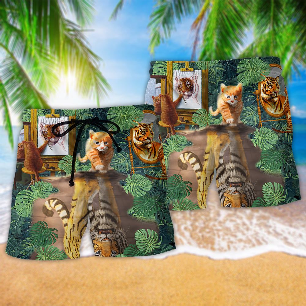 Cat And Tiger Tropical Leaves Trendy Aloha Hawaiian Beach Shorts
