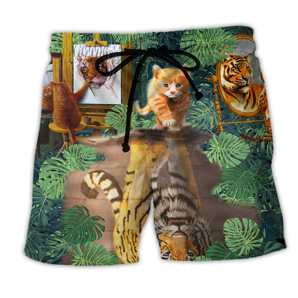 Cat And Tiger Tropical Leaves Trendy Aloha Hawaiian Beach Shorts