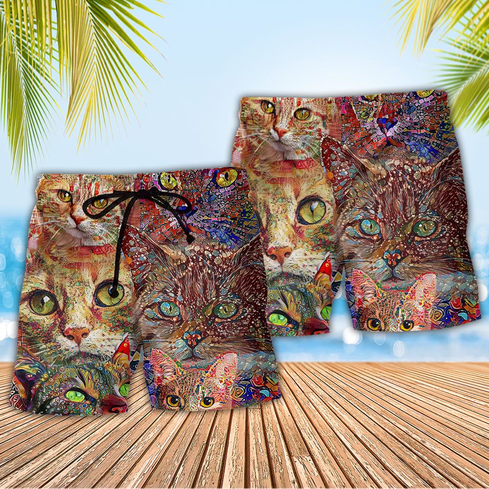 Cat Art Lover Funny Cat Colorful Trendy Aloha Hawaiian Beach Shorts