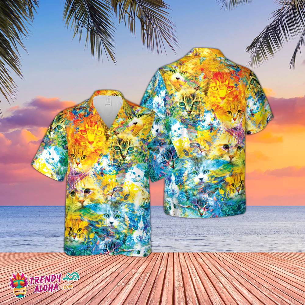 Cat Beautiful Colorful Painting Hawaiian Shirt, Printing Cat Hawaiian Shirt, Cat Lovers Hawaiian Shirt, Cat Painting Hawaiian Shirt