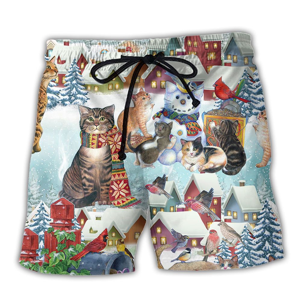 Cat Bird Winter Snow Trendy Aloha Hawaiian Beach Shorts Cat Bird Winter Snow Trendy Aloha Hawaiian Beach Shorts