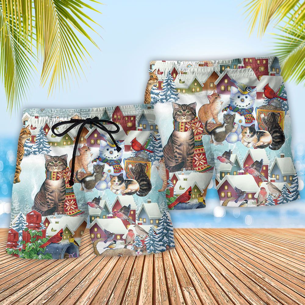 Cat Bird Winter Snow Trendy Aloha Hawaiian Beach Shorts