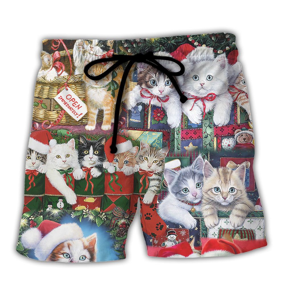 Cat Christmas Tree Merry Xmas Trendy Aloha Hawaiian Beach Shorts