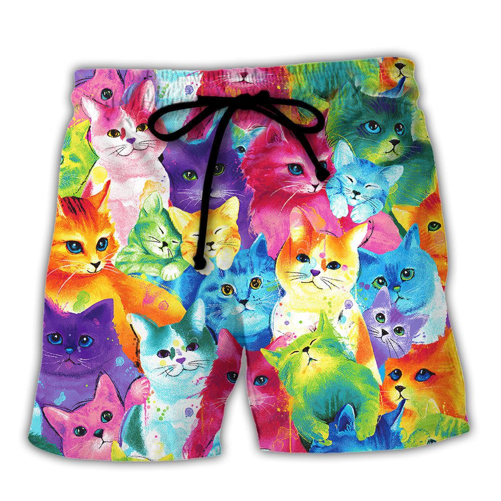 Cat Colorful Little Cute Kitten Happy Life Trendy Aloha Hawaiian Beach Shorts