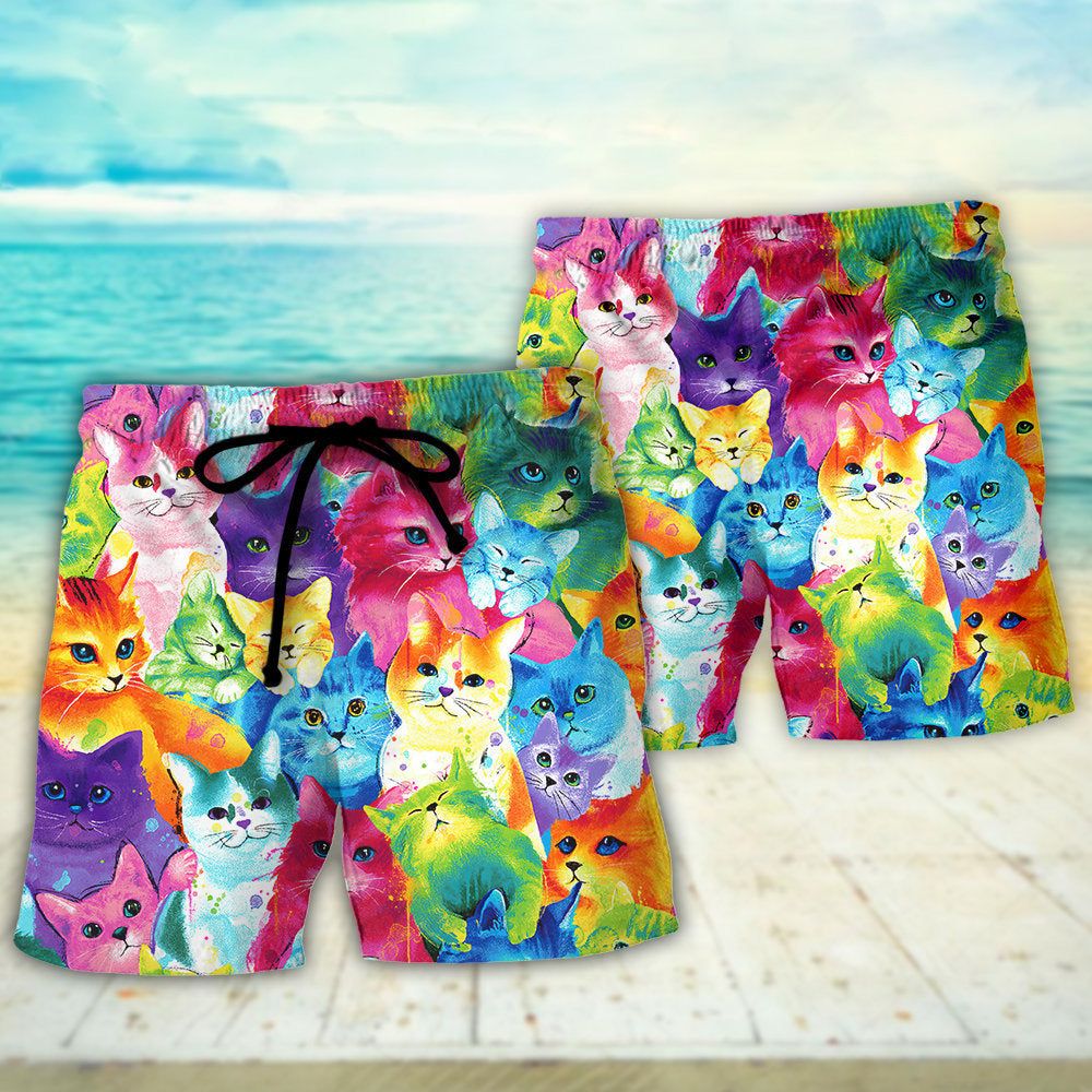 Cat Colorful Little Cute Kitten Happy Life Trendy Aloha Hawaiian Beach Shorts