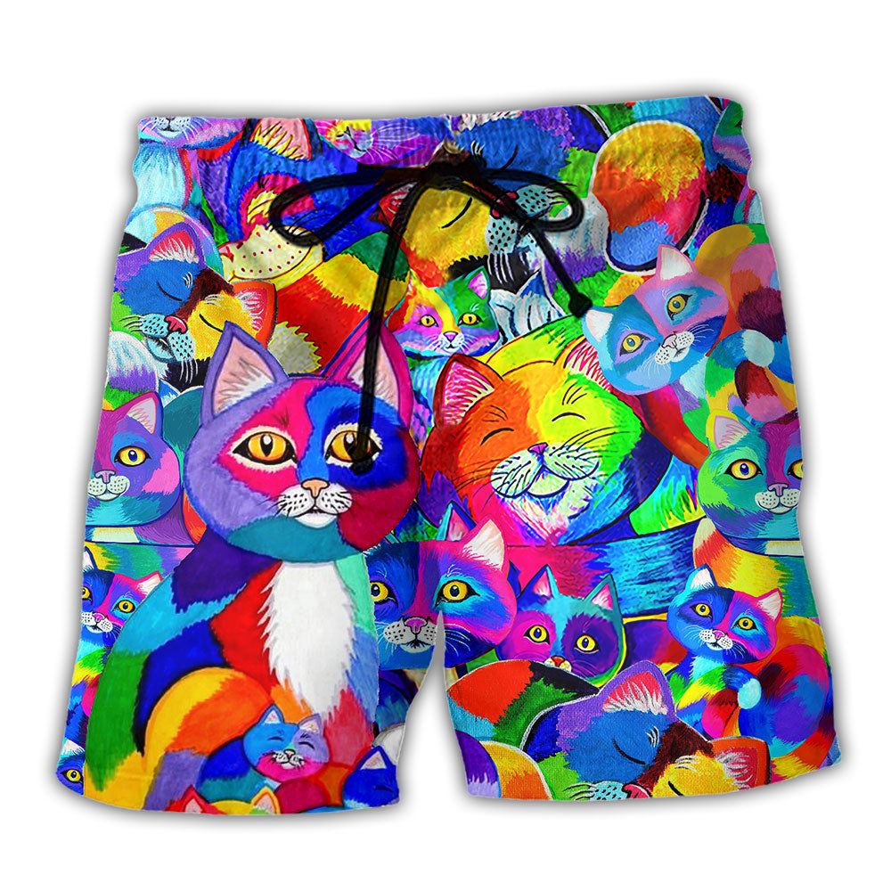 Cat Colorful Rainbow Trendy Aloha Hawaiian Beach Shorts