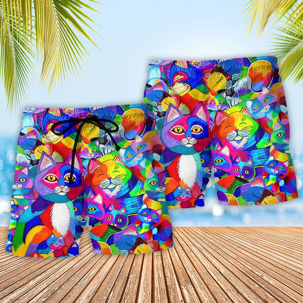 Cat Colorful Rainbow Trendy Aloha Hawaiian Beach Shorts