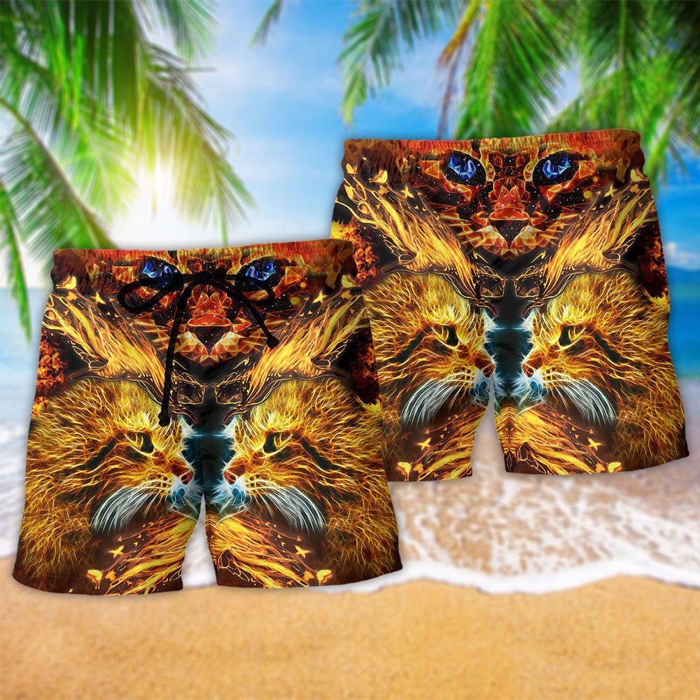 Cat Cool Flaming Cat Trendy Aloha Hawaiian Beach Shorts