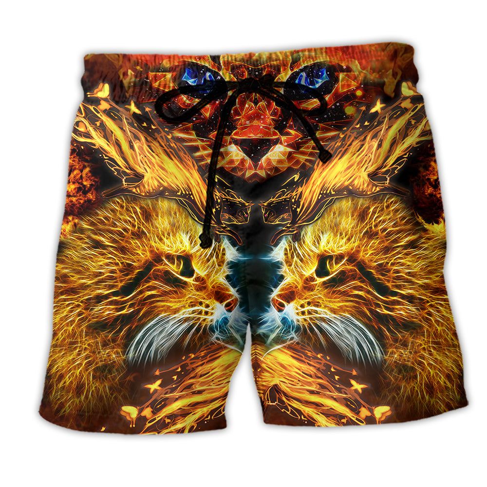 Cat Cool Flaming Cat Trendy Aloha Hawaiian Beach Shorts