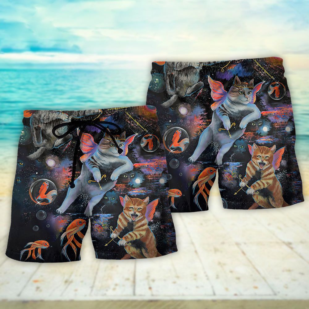 Cat Cupid With Goldfish On Heaven Trendy Aloha Hawaiian Beach Shorts